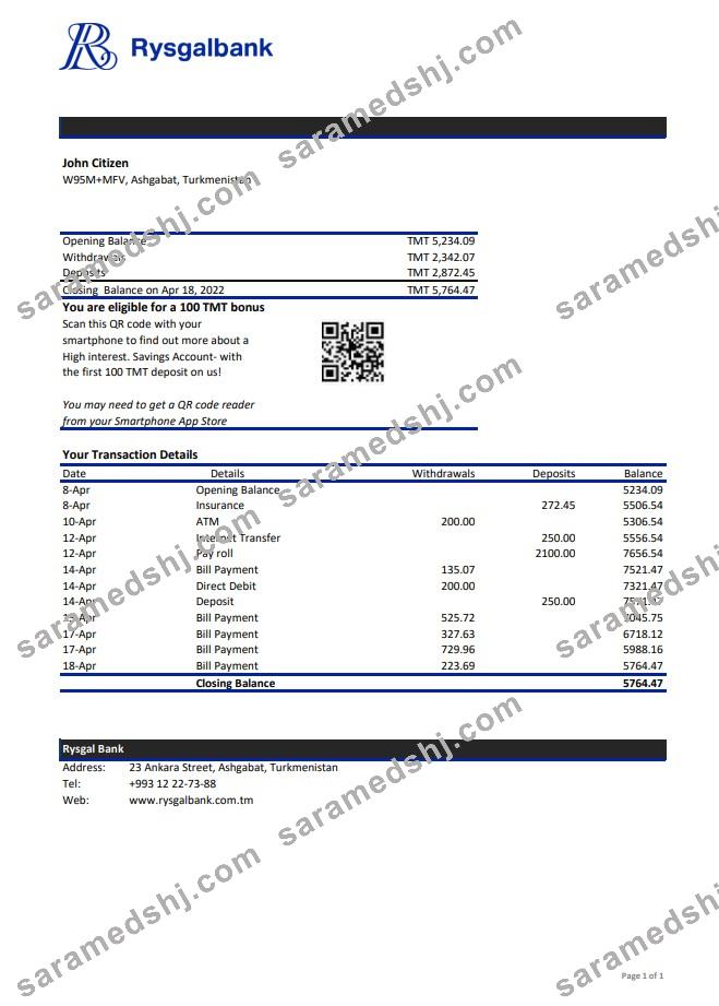 Turkmenistan Rysgal bank statement xls
